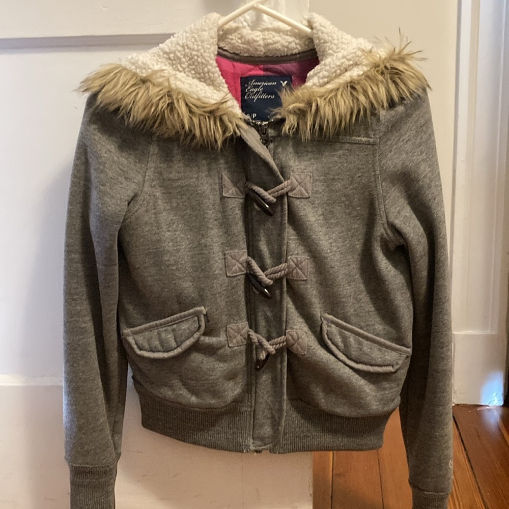 American Eagle Grey & Pink Sweatshirt Jacket with Fur Lined Hood